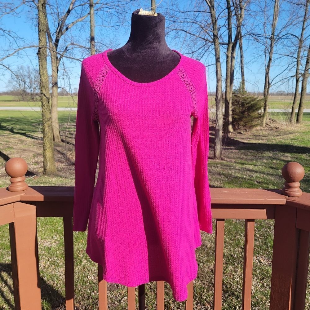Faded Glory Pink Long Sleeve Round Neck Lace Insert Waffle Knit Tunic Top Size M